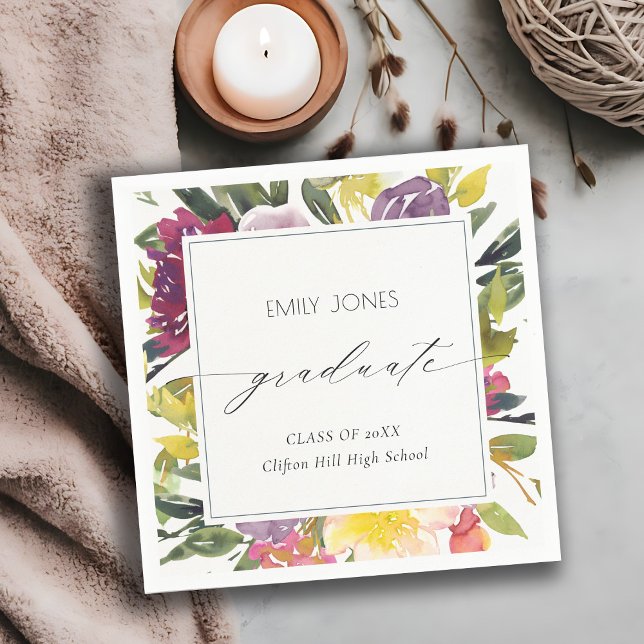 Serviette En Papier Chic Bourgogne jaune rose floral photo Graduation (Créateur téléchargé)