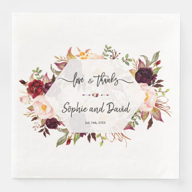 Serviette En Papier Chic Bourgogne Marsala Floral Mariage géométrique (Devant)