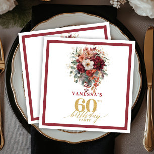 Serviette En Papier Chic Bourgogne Or Automne Floral 60e Anniversaire