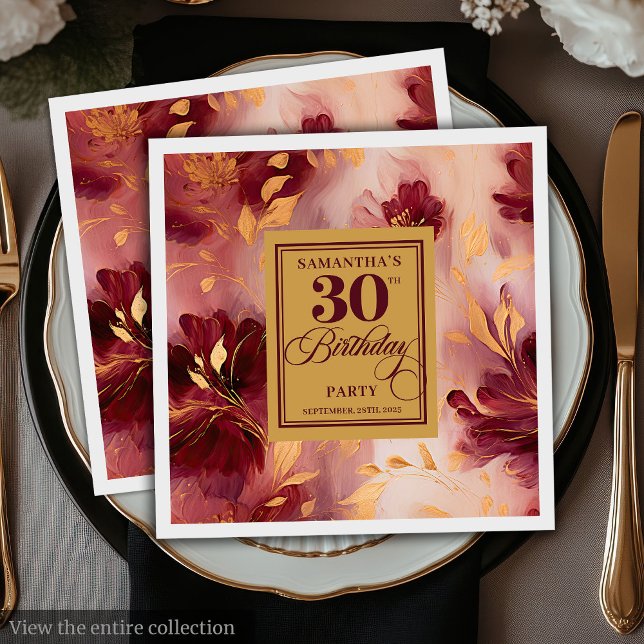 Serviette En Papier Chic Burgundy Aquarelle Or Brousse 30e Napkins (Chic Burgundy Blush Gold Watercolor 30th Napkins)