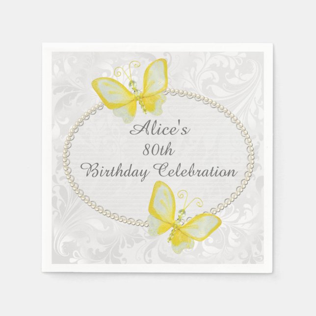 Serviette En Papier Chic Butterflies Damask 80e anniversaire Personnal (Devant)