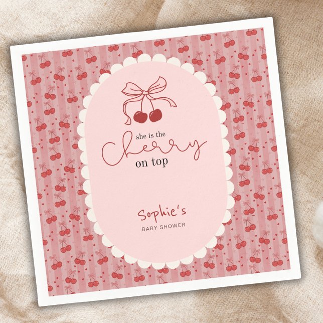 Serviette En Papier Chic Coquette Cherry On Top Pink Red Baby Shower  (Créateur téléchargé)