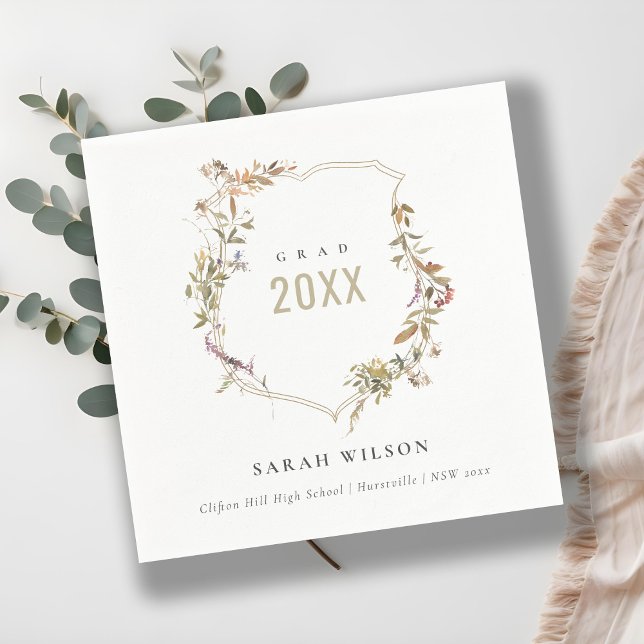 Serviette En Papier Chic Dusky Rose Blush Fleur sauvage Crest Graduati (Créateur téléchargé)