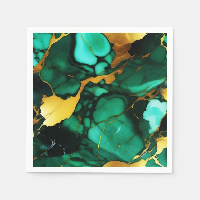 Serviette En Papier Chic Elegant vert foncé jaune Faux Marble (Devant)
