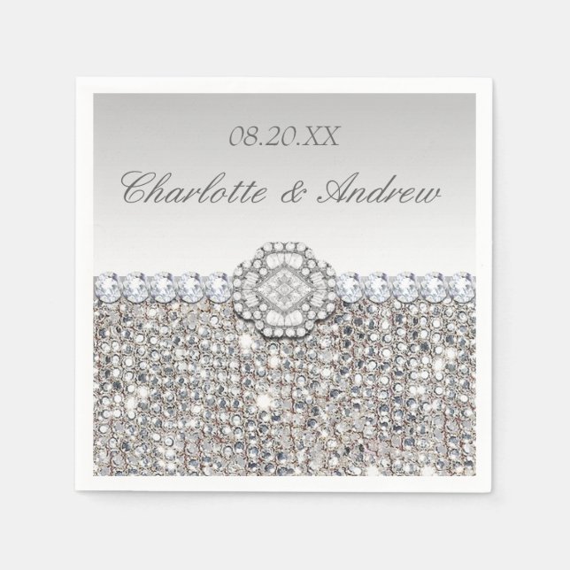 Serviette En Papier Chic Faux Séquins Argent Diamants Mariage (Devant)