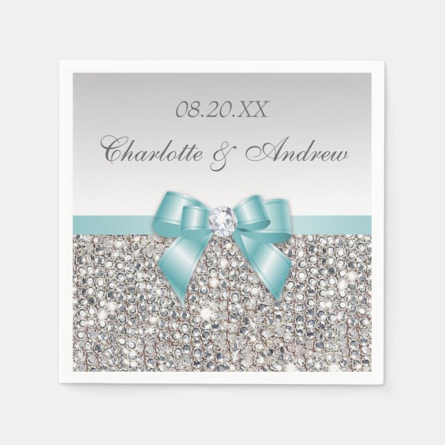 Serviette En Papier Chic Faux Turquoise Bow Silver Sequins Mariage (Devant)