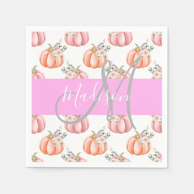 Serviette En Papier Chic Fleurs Blanc Rose Pêche Citrouille Monogramme (Devant)