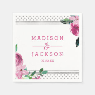 Serviette En Papier Chic Fleurs Roses & Points Argent Monogramme Maria