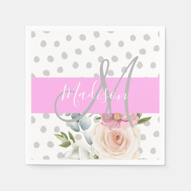 Serviette En Papier Chic & Girl Floral Blanc rose Gris Nom (Devant)