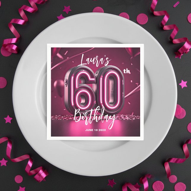 Serviette En Papier Chic Glam Vibrant Pink Neon Glow 60th Birthday (Créateur téléchargé)