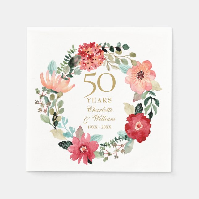 Serviette En Papier Chic Gold 50e anniversaire Mariage Floral Garland (Devant)