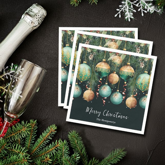 Serviette En Papier Chic Gold and Green Christmas Tree Ornaments (Chic gold and green Christmas tree ornaments cocktail napkins)