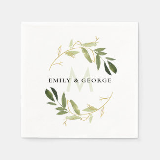 SERVIETTE EN PAPIER CHIC GREEN GOLD FOLIAGE WREATH MONOGRAS MARIAGE