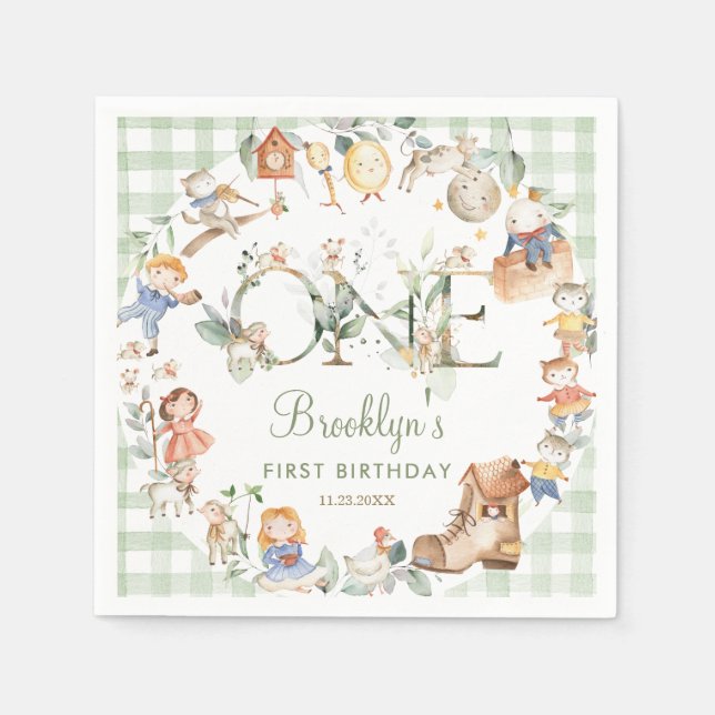 Serviette En Papier Chic Green Nursery Rhyme 1er Anniversaire Neutre (Devant)
