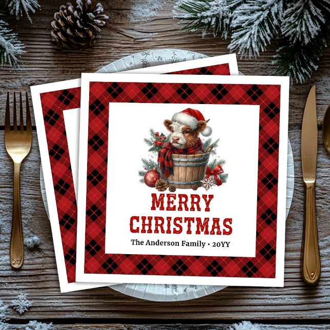 Serviette En Papier Chic highland cow red black plaid festive napkins (Chic highland cow red black plaid festive napkin)