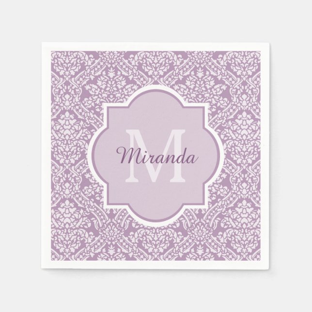 Serviette En Papier Chic Lavande Purple Damask Monogramme Avec Nom (Devant)