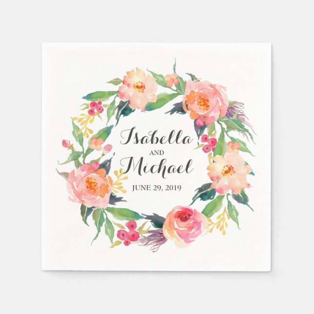 Serviette En Papier Chic Mariage floral aquarelle (Devant)