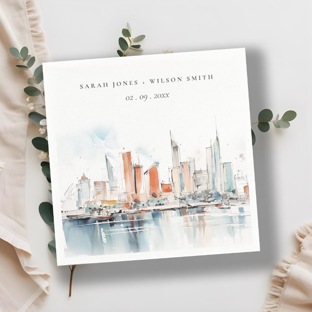 Serviette En Papier Chic Miami Floride Skyline Mariage d'aquarelle (Créateur téléchargé)