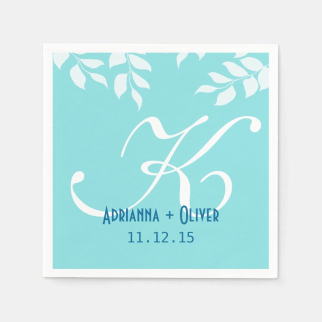 Serviette En Papier Chic Mint Bleu Feuille Mariage Monogramme (Devant)