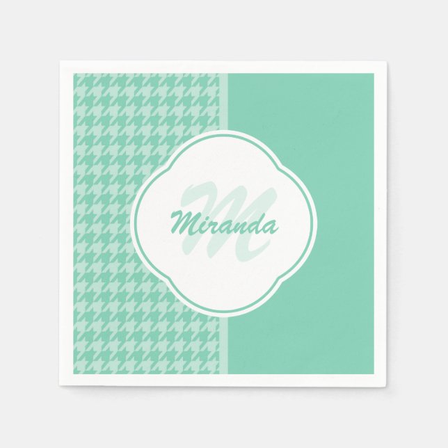 Serviette En Papier Chic Mint Green Houndstooth avec Monogramme et nom (Devant)