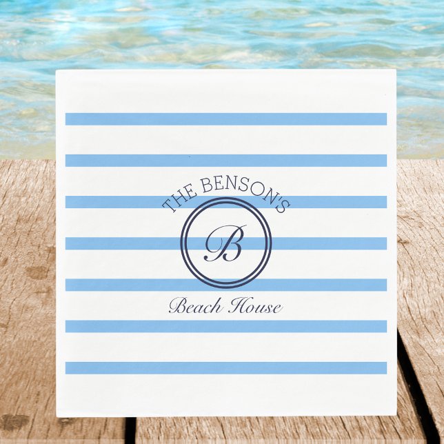 Serviette En Papier Chic Monogram Blue Stripes Nom de famille Beach Ho (Créateur téléchargé)