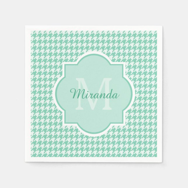 Serviette En Papier Chic Monogram Mint Green Houndstooth Avec Nom (Devant)