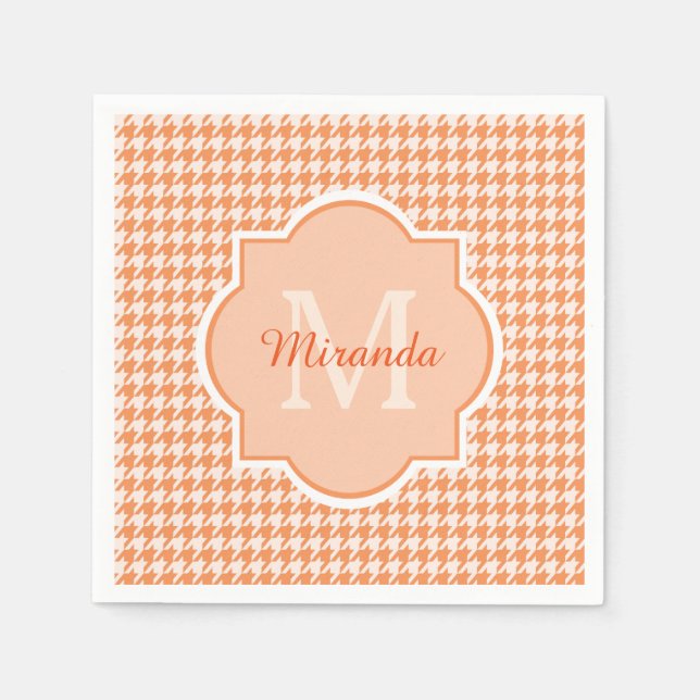 Serviette En Papier Chic Monogram Orange Houndstooth Avec Nom (Devant)