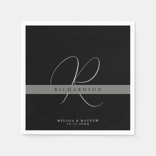 Serviette En Papier Chic Monogramme Initiale Nom Gris Charbon Noir (Devant)