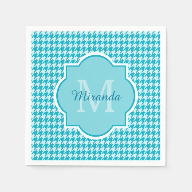 Serviette En Papier Chic Monogramme Turquoise Houndstooth Avec Nom (Devant)