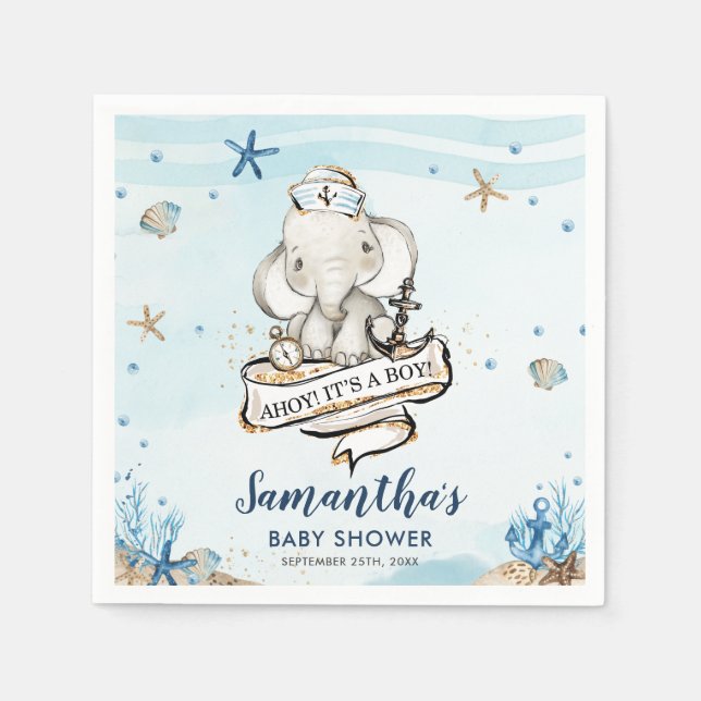 Serviette En Papier Chic Nautique Cute Elephant Baby shower garçon (Devant)
