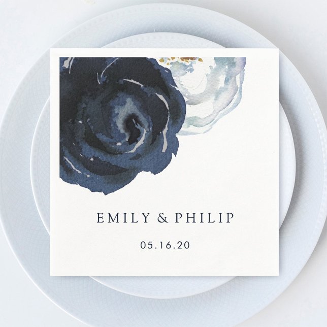 Serviette En Papier Chic Navy Blue Peony Floral Mariage Papier Napkin (Créateur téléchargé)