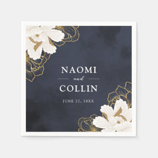 Serviette En Papier Chic Navy & Gold Floral Mariage