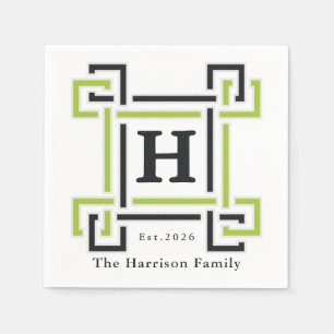 Serviette En Papier Chic Néo Citron Vert Noir Monogramme Nom De Famill