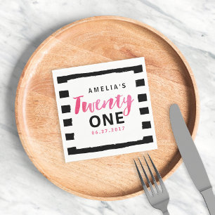 Serviette En Papier Chic noir & blanc rayures rose 21e anniversaire