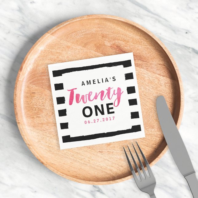 Serviette En Papier Chic noir & blanc rayures rose 21e anniversaire (Créateur téléchargé)