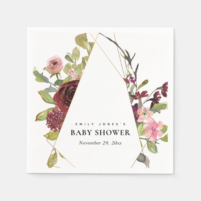 SERVIETTE EN PAPIER CHIC OR BLUSH BURGUNDY ROSE BABY SHOWER FLORAL (Devant)