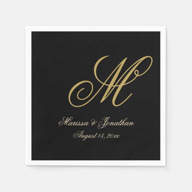 Serviette En Papier Chic or Monogramme Mariage noir (Devant)