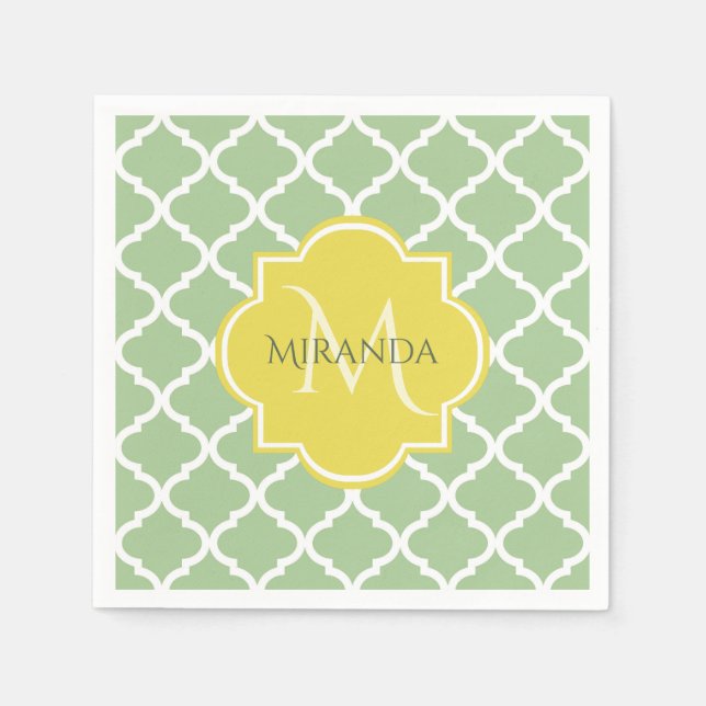 Serviette En Papier Chic Pastel Green Quatrefoil Jaune Nom Monogramme (Devant)