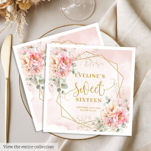 Serviette En Papier Chic Pastel Pink et Gold Peonies Sweet sixteen