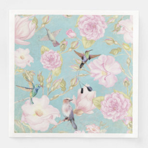 Serviette En Papier Chic Pastel Turquoise Roses Vintages Motif colibri