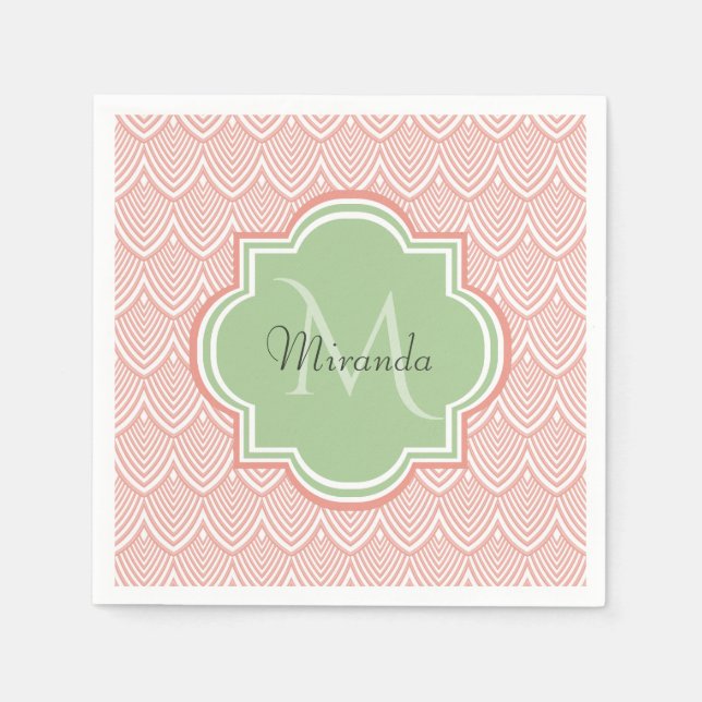 Serviette En Papier Chic Pink Arched Scallops Soft Green Monogramme No (Devant)