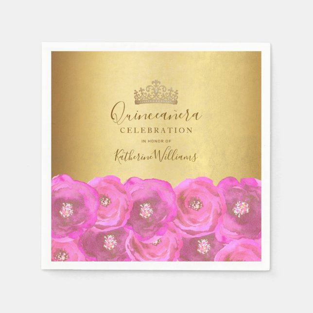 Serviette En Papier Chic Pink Rose Floral Gold Crown Quinceañera (Devant)