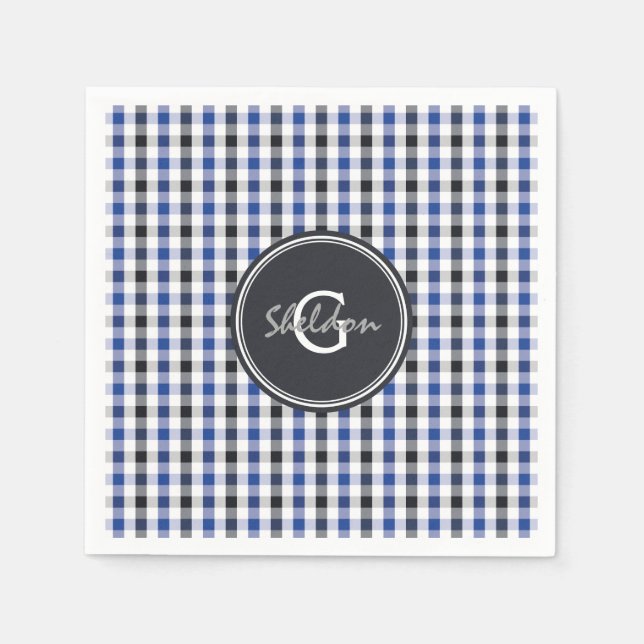 Serviette En Papier chic preppy bleu noir en vichy motif monogramme (Devant)