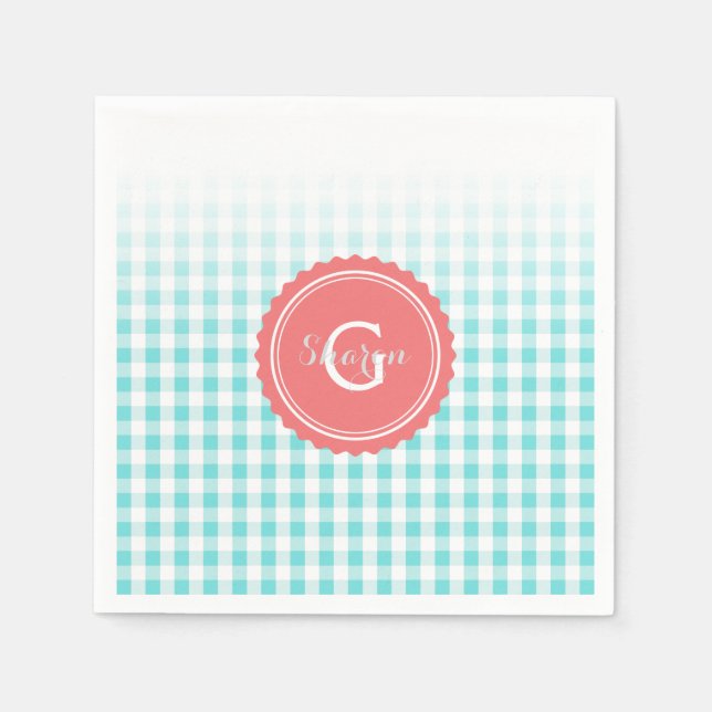 Serviette En Papier chic preppy turquoise en vichy motif monogramme (Devant)