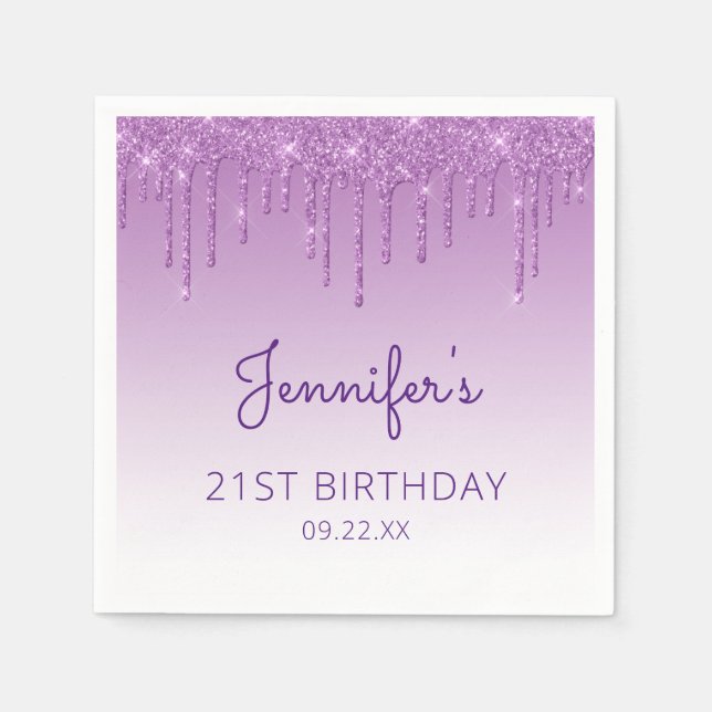 Serviette En Papier Chic Purple Parties scintillant Drip 21e fête d'an (Devant)