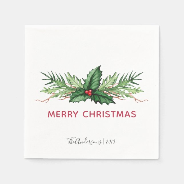 Serviette En Papier Chic Red Holly Painted Bouquet Noël (Devant)