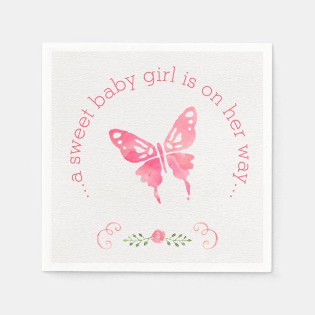 Serviette En Papier Chic rose aquarelle papillon Baby shower fille (Devant)