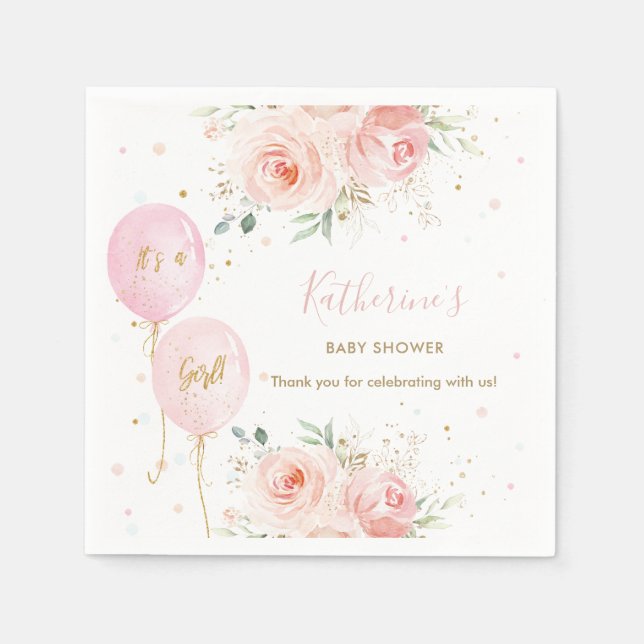 Serviette En Papier Chic rose Ballons Floral Girl Baby shower (Devant)