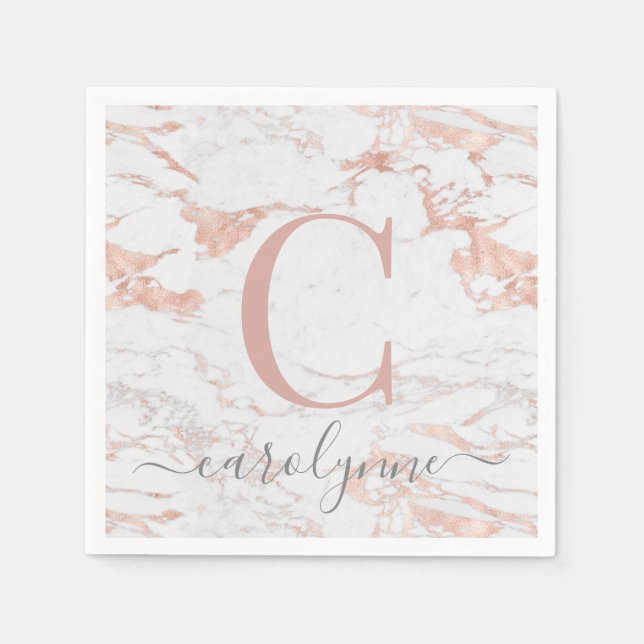Serviette En Papier Chic Rose Gold Foil | Monogramme de marbre (Devant)