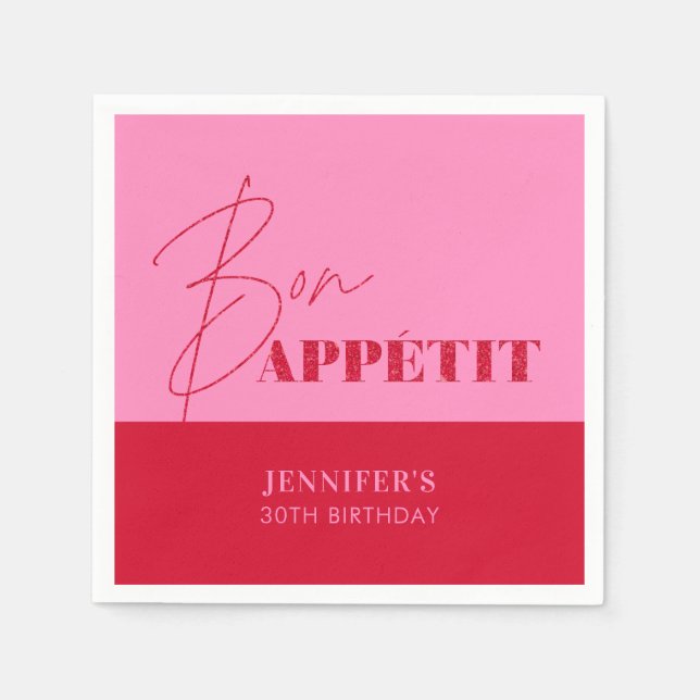 Serviette En Papier Chic Rose Rouge Bon Appétit Écriture Anniversaire (Devant)